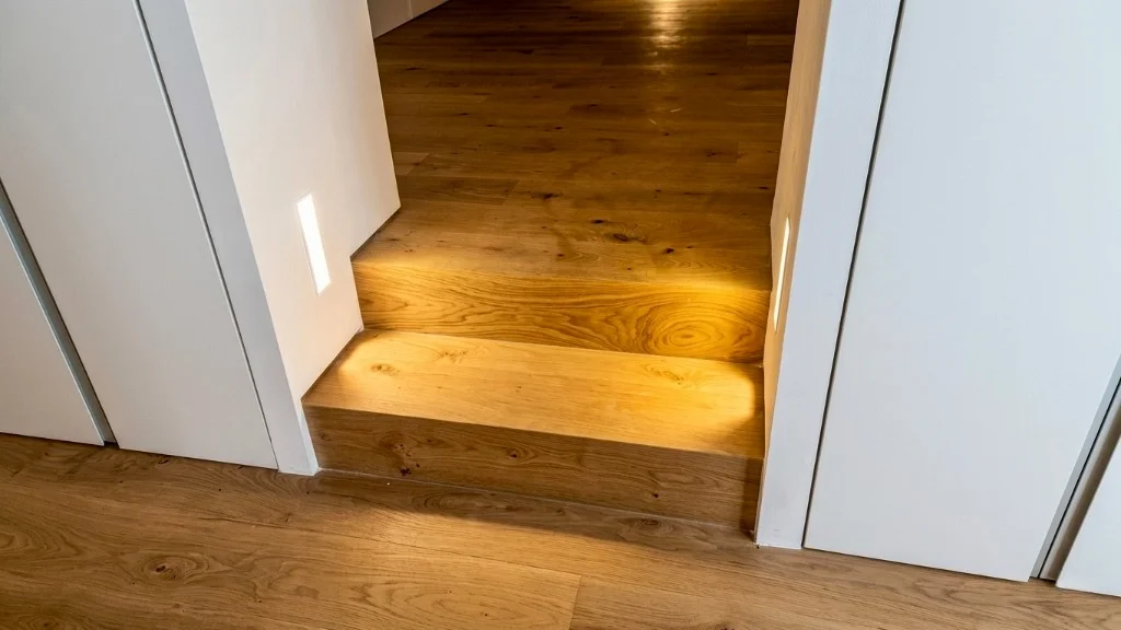 Escalera terminada en madera con luces LED empotradas
