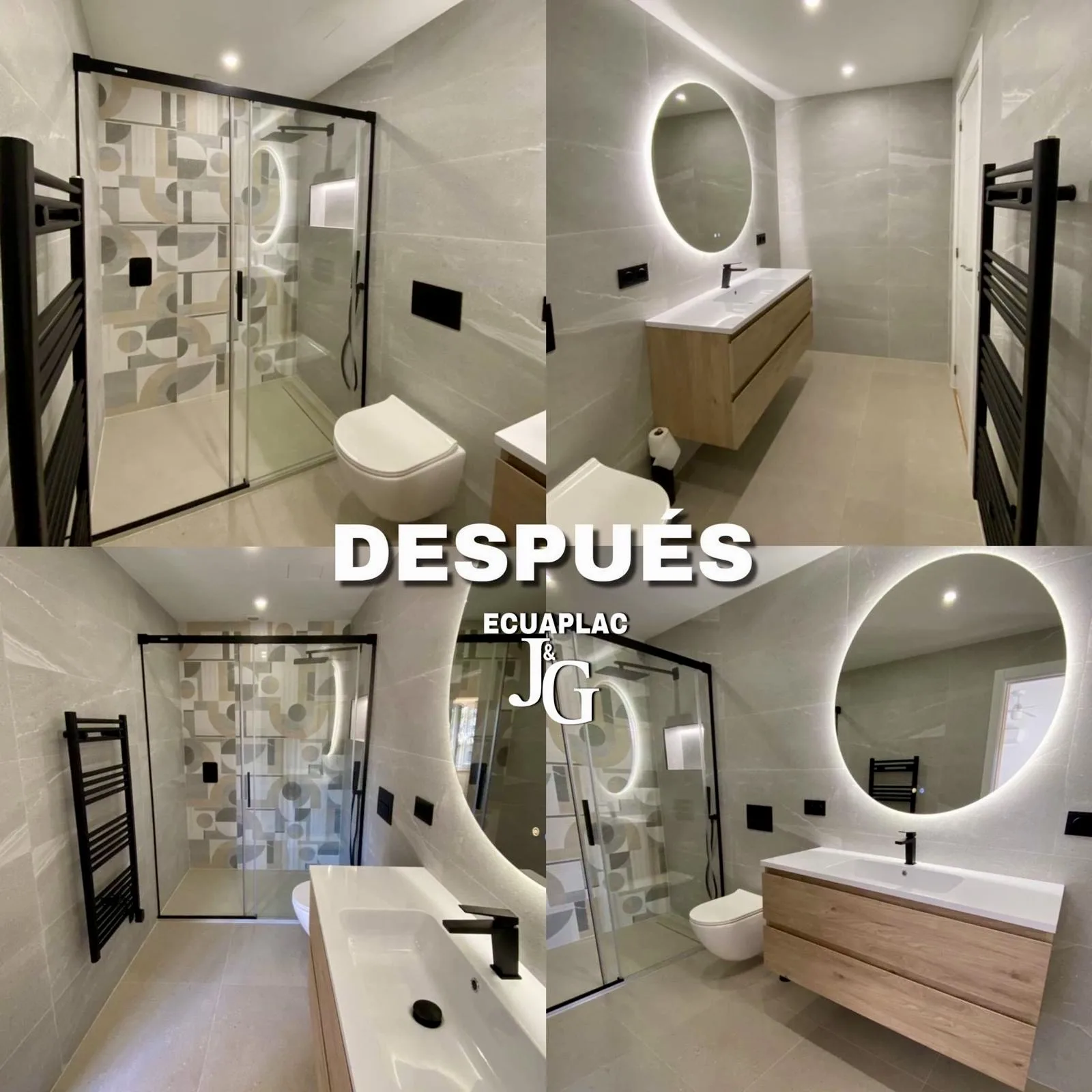 Baño reformado - resultado final con ducha, espejo LED y mueble de roble